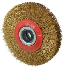 Value Collection - 5" OD, 3/4" Arbor Hole, Crimped Brass-Coated Steel Wheel Brush - 1" Face Width, 1-3/32" Trim Length, 0.014" Filament Diam, 6,000 RPM - Best Tool & Supply