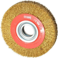 Value Collection - 6" OD, 1-1/4" Arbor Hole, Crimped Brass-Coated Steel Wheel Brush - 1" Face Width, 1-1/8" Trim Length, 0.014" Filament Diam, 6,000 RPM - Best Tool & Supply