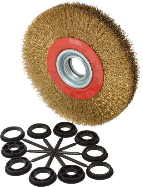 Value Collection - 7" OD, 1-1/4" Arbor Hole, Crimped Brass-Coated Steel Wheel Brush - 1" Face Width, 1-1/2" Trim Length, 0.014" Filament Diam, 6,000 RPM - Best Tool & Supply