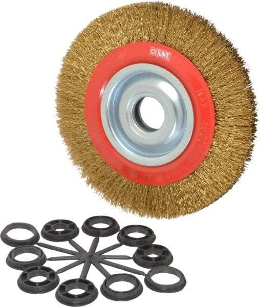 Value Collection - 8" OD, 1-1/4" Arbor Hole, Crimped Brass-Coated Steel Wheel Brush - 3/4" Face Width, 1-11/32" Trim Length, 0.014" Filament Diam, 4,500 RPM - Best Tool & Supply