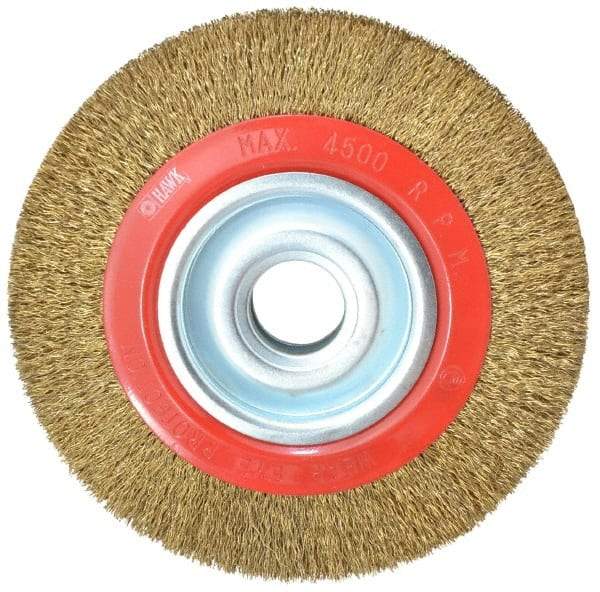 Value Collection - 8" OD, 1-1/4" Arbor Hole, Crimped Brass-Coated Steel Wheel Brush - 1" Face Width, 1-11/32" Trim Length, 0.014" Filament Diam, 4,500 RPM - Best Tool & Supply