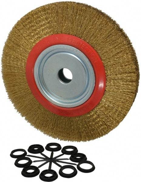 Value Collection - 12" OD, 1-1/4" Arbor Hole, Crimped Brass-Coated Steel Wheel Brush - 1-21/32" Face Width, 2-3/8" Trim Length, 0.014" Filament Diam, 3,000 RPM - Best Tool & Supply