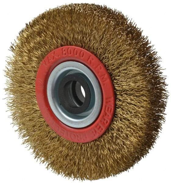 Value Collection - 4" OD, 3/4" Arbor Hole, Crimped Brass-Coated Steel Wheel Brush - 5/8" Face Width, 11/16" Trim Length, 0.012" Filament Diam, 8,000 RPM - Best Tool & Supply