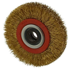 Value Collection - 4" OD, 3/4" Arbor Hole, Crimped Brass-Coated Steel Wheel Brush - 3/4" Face Width, 11/16" Trim Length, 0.012" Filament Diam, 8,000 RPM - Best Tool & Supply