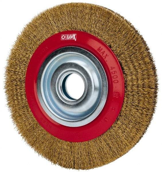 Value Collection - 8" OD, 1-1/4" Arbor Hole, Crimped Brass-Coated Steel Wheel Brush - 3/4" Face Width, 1-11/32" Trim Length, 0.012" Filament Diam, 4,500 RPM - Best Tool & Supply