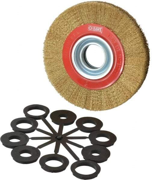 Value Collection - 6" OD, 1-1/4" Arbor Hole, Crimped Brass-Coated Steel Wheel Brush - 11/16" Face Width, 1-1/8" Trim Length, 0.007" Filament Diam, 6,000 RPM - Best Tool & Supply