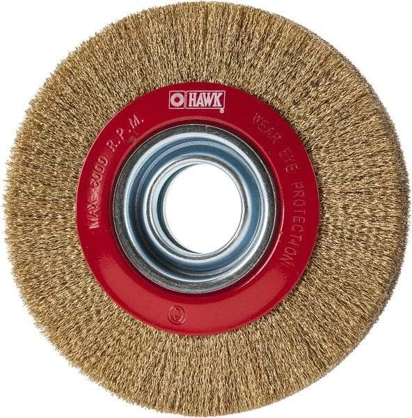 Value Collection - 6" OD, 1-1/4" Arbor Hole, Crimped Brass-Coated Steel Wheel Brush - 1" Face Width, 1-1/8" Trim Length, 0.007" Filament Diam, 6,000 RPM - Best Tool & Supply