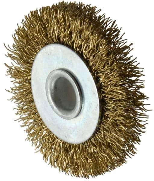 Value Collection - 2" OD, 3/8" Arbor Hole, Crimped Brass-Coated Steel Wheel Brush - 9/32" Face Width, 3/8" Trim Length, 0.012" Filament Diam, 4,500 RPM - Best Tool & Supply