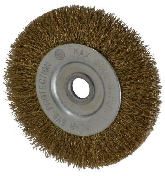 Value Collection - 3" OD, 3/8" Arbor Hole, Crimped Brass-Coated Steel Wheel Brush - 3/8" Face Width, 5/8" Trim Length, 0.007" Filament Diam, 4,500 RPM - Best Tool & Supply