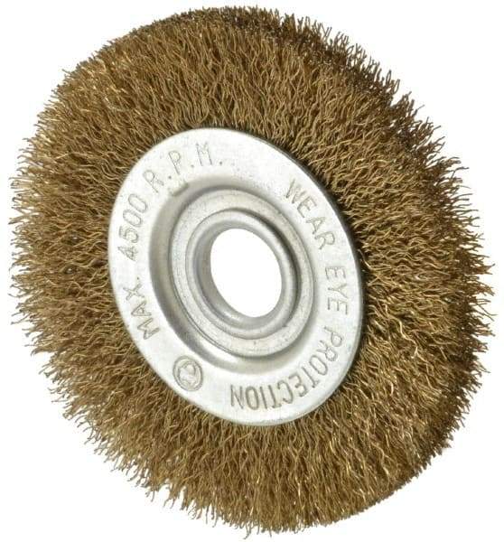 Value Collection - 3" OD, 1/2" Arbor Hole, Crimped Brass-Coated Steel Wheel Brush - 3/8" Face Width, 5/8" Trim Length, 0.007" Filament Diam, 4,500 RPM - Best Tool & Supply