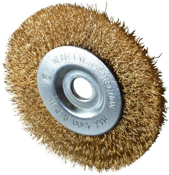 Value Collection - 4" OD, 1/2" Arbor Hole, Crimped Brass-Coated Steel Wheel Brush - 1/2" Face Width, 7/8" Trim Length, 0.012" Filament Diam, 4,500 RPM - Best Tool & Supply