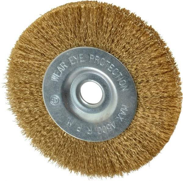 Value Collection - 4" OD, 1/2" Arbor Hole, Crimped Brass-Coated Steel Wheel Brush - 1/2" Face Width, 7/8" Trim Length, 0.007" Filament Diam, 4,500 RPM - Best Tool & Supply