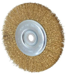 Value Collection - 5" OD, 5/8" Arbor Hole, Crimped Brass-Coated Steel Wheel Brush - 1/2" Face Width, 3/4" Trim Length, 0.012" Filament Diam, 3,750 RPM - Best Tool & Supply