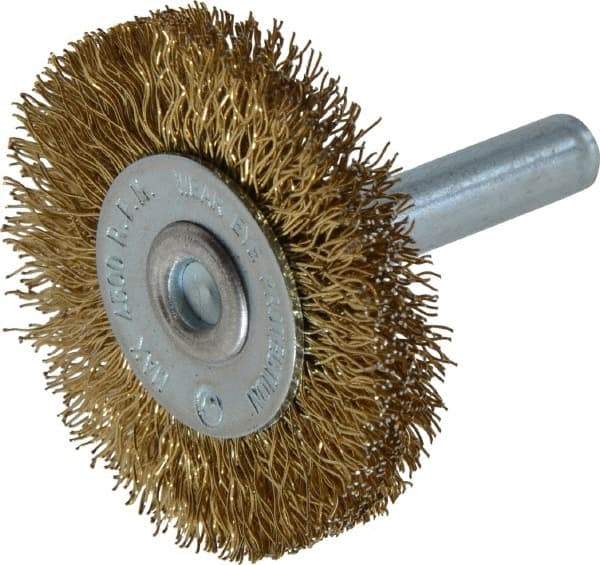 Value Collection - 1-5/8" OD, 1/4" Shank Diam, Crimped Brass-Coated Steel Wheel Brush - 3/16" Face Width, 3/8" Trim Length, 0.015" Filament Diam, 4,500 RPM - Best Tool & Supply