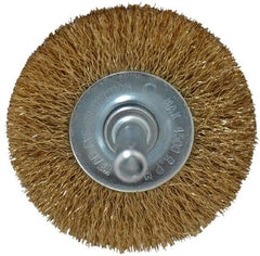 Value Collection - 2" OD, 1/4" Shank Diam, Crimped Brass-Coated Steel Wheel Brush - 9/32" Face Width, 3/8" Trim Length, 0.008" Filament Diam, 4,500 RPM - Best Tool & Supply