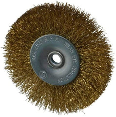 Value Collection - 2-1/2" OD, 1/4" Shank Diam, Crimped Brass-Coated Steel Wheel Brush - 11/32" Face Width, 1/2" Trim Length, 0.008" Filament Diam, 4,500 RPM - Best Tool & Supply