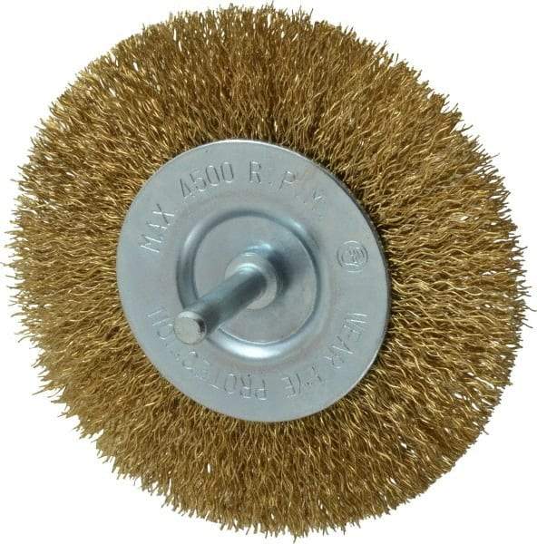 Value Collection - 4" OD, 1/4" Shank Diam, Crimped Brass-Coated Steel Wheel Brush - 15/32" Face Width, 7/8" Trim Length, 0.015" Filament Diam, 4,500 RPM - Best Tool & Supply