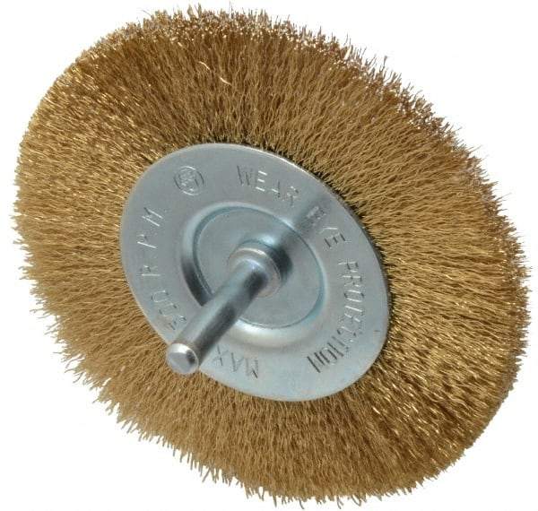 Value Collection - 4" OD, 1/4" Shank Diam, Crimped Brass-Coated Steel Wheel Brush - 15/32" Face Width, 7/8" Trim Length, 0.008" Filament Diam, 4,500 RPM - Best Tool & Supply