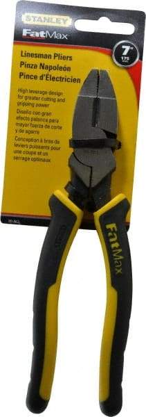 Stanley - 7-5/8" OAL, 1-1/2" Jaw Length x 1" Jaw Width, Side Cutting Linesman's Pliers - Serrated Jaw, Flat Nose Head, Bi-Material Cushion Grip Handles - Best Tool & Supply