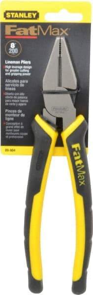 Stanley - 8-3/8" OAL, 1-1/2" Jaw Length x 1" Jaw Width, Side Cutting Linesman's Pliers - Serrated Jaw, Flat Nose Head, Bi-Material Cushion Grip Handles - Best Tool & Supply