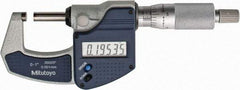 Mitutoyo - 0 to 1" Range, 0.0001" Resolution, Standard Throat, Electronic Outside Micrometer - 0.0001" Accuracy, Ratchet Stop Thimble, Carbide Face, SR44 Battery, Plastic Case, Includes NIST Traceable Certification of Inspection - Best Tool & Supply