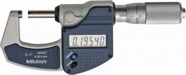 Mitutoyo - 0 to 1" Range, 0.0001" Resolution, Standard Throat, Electronic Outside Micrometer - 0.0001" Accuracy, Friction Thimble, Carbide Face, SR44 Battery, Plastic Case, Includes NIST Traceable Certification of Inspection - Best Tool & Supply