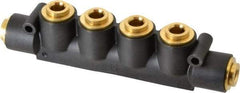 Parker - 3/8" Inlet, 3/8" Outlet Manifold - 6.49" Long x 1.02" Wide 0.22" Mount Hole, 200°F Max, 150 Max PSI, 2 Inlet Ports, 4 Outlet Ports - Best Tool & Supply