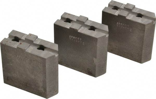 Abbott Workholding Products - 6" & Up Chuck Capacity, Tongue & Groove Attachment, Square Soft Lathe Chuck Jaw - 3 Jaws, Steel, 1-1/2" Btw Mount Hole Ctrs, 3" Long x 1-1/4" Wide x 3" High, 5/16" Groove, 3/8" Fastener - Best Tool & Supply