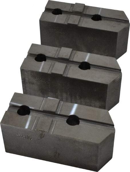 Abbott Workholding Products - 15 to 18" Chuck Capacity, Tongue & Groove Attachment, Square Soft Lathe Chuck Jaw - 3 Jaws, Steel, 3" Btw Mount Hole Ctrs, 6-1/2" Long x 2-1/2" Wide x 3" High, 1/2" Groove, 3/4" Fastener - Best Tool & Supply