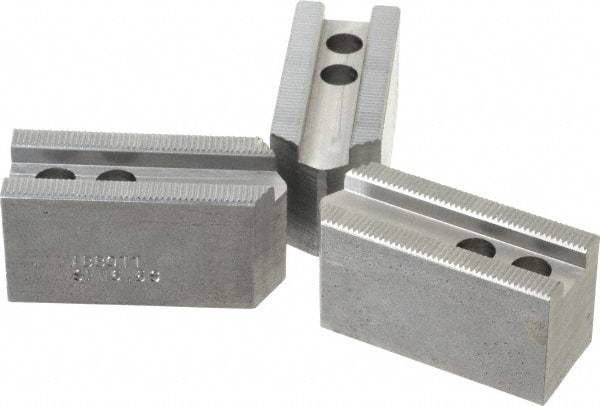 Abbott Workholding Products - 6-1/2" Chuck Capacity, 1/16" x 90 Serrated Attachment, Square Soft Lathe Chuck Jaw - 3 Jaws, Steel, 0.65" Btw Mount Hole Ctrs, 3" Long x 1-1/4" Wide x 1-1/2" High, 0.551" Groove, 0.3937" & 10mm Fastener - Best Tool & Supply