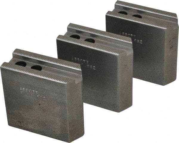 Abbott Workholding Products - 6-1/2" Chuck Capacity, 1/16" x 90 Serrated Attachment, Square Soft Lathe Chuck Jaw - 3 Jaws, Steel, 0.65" Btw Mount Hole Ctrs, 3" Long x 1-1/4" Wide x 3" High, 0.551" Groove, 0.3937" & 10mm Fastener - Best Tool & Supply