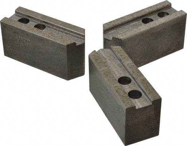 Abbott Workholding Products - 8" & Up Chuck Capacity, 1/16" x 90 Serrated Attachment, Square Soft Lathe Chuck Jaw - 3 Jaws, Steel, 29/32" Btw Mount Hole Ctrs, 4" Long x 1-1/2" Wide x 2" High, 0.669" Groove, 0.4724" & 12mm Fastener - Best Tool & Supply