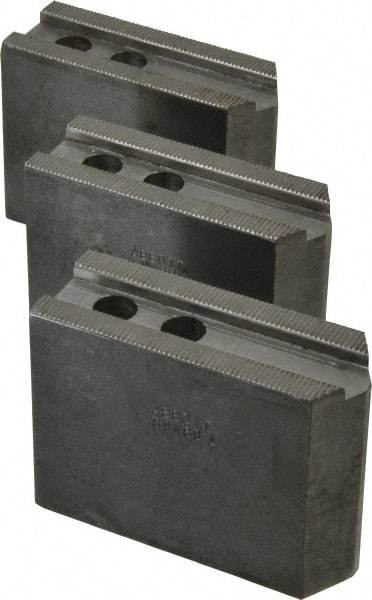 Abbott Workholding Products - 8" & Up Chuck Capacity, 1/16" x 90 Serrated Attachment, Square Soft Lathe Chuck Jaw - 3 Jaws, Steel, 29/32" Btw Mount Hole Ctrs, 4" Long x 1-1/2" Wide x 3" High, 0.669" Groove, 0.4724" & 12mm Fastener - Best Tool & Supply