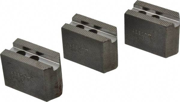 Abbott Workholding Products - 4" & Up Chuck Capacity, 1.5mm x 60° Serrated Attachment, Square Soft Lathe Chuck Jaw - 3 Jaws, Steel, 0.5512" Btw Mount Hole Ctrs, 2" Long x 1" Wide x 1-1/2" High, 0.3937" Groove, 0.315" & 8mm Fastener - Best Tool & Supply