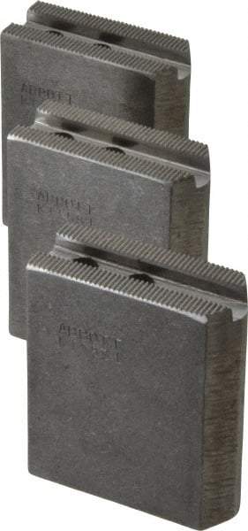 Abbott Workholding Products - 5" & Up Chuck Capacity, 1.5mm x 60° Serrated Attachment, Square Soft Lathe Chuck Jaw - 3 Jaws, Steel, 0.7087" Btw Mount Hole Ctrs, 2-1/2" Long x 1" Wide x 3" High, 0.3937" Groove, 0.315" & 8mm Fastener - Best Tool & Supply