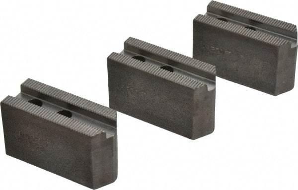 Abbott Workholding Products - 5" & Up Chuck Capacity, 1.5mm x 60° Serrated Attachment, Square Soft Lathe Chuck Jaw - 3 Jaws, Steel, 3/4" Btw Mount Hole Ctrs, 2-1/2" Long x 1" Wide x 1-1/2" High, 0.3937" Groove, 0.315" & 8mm Fastener - Best Tool & Supply