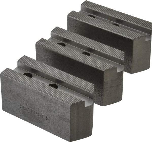 Abbott Workholding Products - 6" & Up Chuck Capacity, 1.5mm x 60° Serrated Attachment, Square Soft Lathe Chuck Jaw - 3 Jaws, Steel, 63/64" Btw Mount Hole Ctrs, 3" Long x 1-1/4" Wide x 1-1/2" High, 0.4331" Groove, 0.315" & 8mm Fastener - Best Tool & Supply