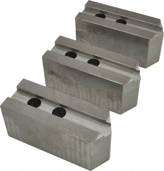 Abbott Workholding Products - 15 to 18" Chuck Capacity, 1.5mm x 60° Serrated Attachment, Square Soft Lathe Chuck Jaw - 3 Jaws, Steel, 1.6929" Btw Mount Hole Ctrs, 6-1/2" Long x 2-1/2" Wide x 3" High, 0.8661" Groove, 0.7874" & 20mm Fastener - Best Tool & Supply