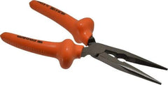 Facom - 8-9/32" OAL, 2-23/32" Jaw Length x 1-3/8" Jaw Width, Long Nose Side Cutting Burnished Insulated Pliers - Serrated Jaw, Half Round Nose Head, Plastic Coated Handles - Best Tool & Supply