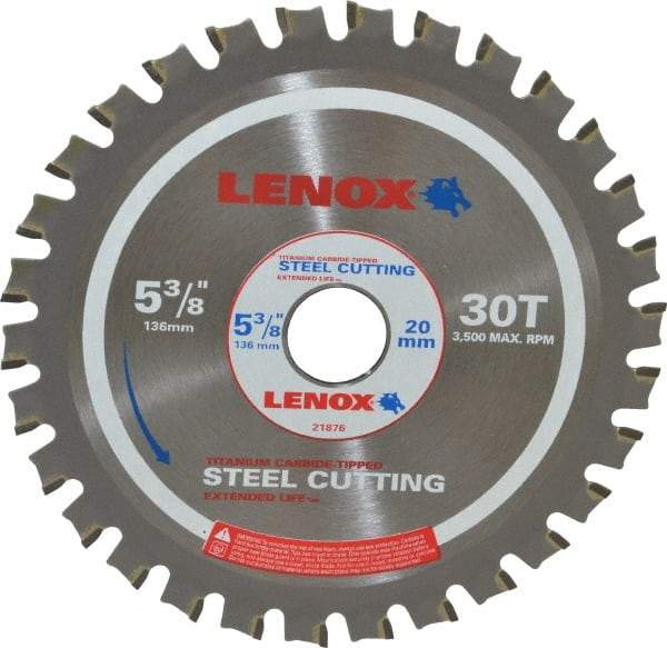 Lenox - 5-3/8" Diam, 20mm Arbor Hole Diam, 30 Tooth Wet & Dry Cut Saw Blade - Titanium Carbide-Tipped, General Purpose Action, Standard Round Arbor - Best Tool & Supply