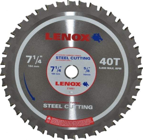 Lenox - 7-1/4" Diam, 5/8" Arbor Hole Diam, 40 Tooth Wet & Dry Cut Saw Blade - Titanium Carbide-Tipped, General Purpose Action, Standard Round Arbor - Best Tool & Supply