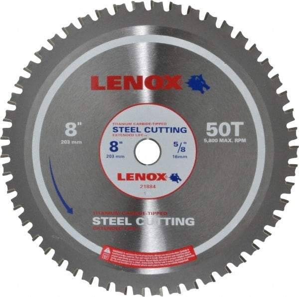 Lenox - 8" Diam, 5/8" Arbor Hole Diam, 50 Tooth Wet & Dry Cut Saw Blade - Titanium Carbide-Tipped, General Purpose Action, Standard Round Arbor - Best Tool & Supply