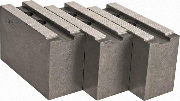 Abbott Workholding Products - 15 to 18" Chuck Capacity, 1.5mm x 60° Serrated Attachment, Square Soft Lathe Chuck Jaw - 3 Jaws, Steel, 1.6929" Btw Mount Hole Ctrs, 6-1/2" Long x 2-1/2" Wide x 4" High, 0.8661" Groove, 0.7874" & 20mm Fastener - Best Tool & Supply