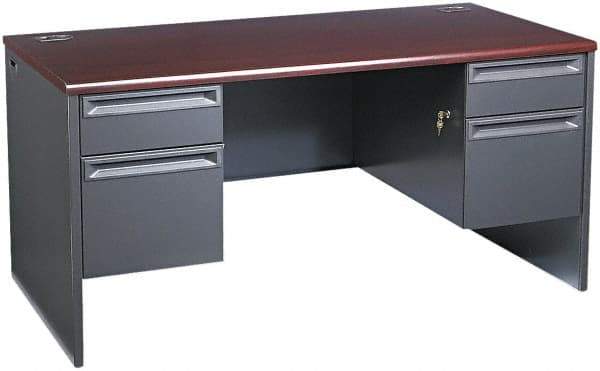 Hon - Woodgrain Laminate/Metal Double Pedestal Desk - 60" Wide x 30" Deep x 29" High, Mahogany/Charcoal - Best Tool & Supply