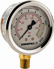 Enerpac - 0 to 10,000 psi Pressure Rating, 1/4 NPTF Gauge Connection, Hydraulic Pressure Liquid Filled Gage - 2-1/2" Face Diam - Best Tool & Supply