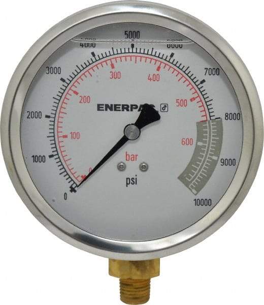 Enerpac - 0 to 10,000 psi Pressure Rating, 1/4 NPTF Gauge Connection, Hydraulic Pressure Liquid Filled Gage - 4" Face Diam - Best Tool & Supply