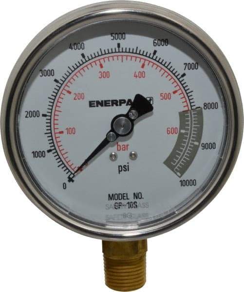 Enerpac - 0 to 10,000 psi Pressure Rating, 1/2 NPTF Gauge Connection, Hydraulic Pressure Dry Gage - 4" Face Diam - Best Tool & Supply