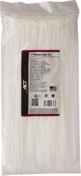 Made in USA - 11-1/4" Long Natural (Color) Nylon Standard Cable Tie - 50 Lb Tensile Strength, 1.32mm Thick, 77.78mm Max Bundle Diam - Best Tool & Supply