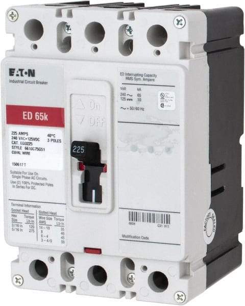 Eaton Cutler-Hammer - 225 Amp, 125 VDC, 240 VAC, 3 Pole, Molded Case Circuit Breaker - Thermal Magnetic Trip, 65 kA at 240 VAC Breaking Capacity, 4-4/0 AWG, 3-3/8 Inch Deep x 6 Inch High x 4-1/8 Inch Wide - Best Tool & Supply