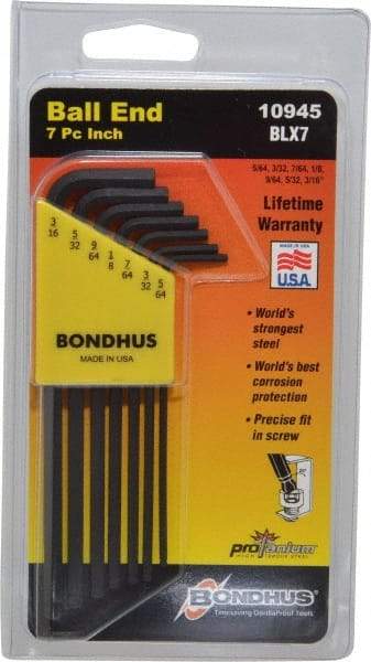 Bondhus - 7 Piece L-Key Ball End Hex Key Set - Hex Range 5/64 to 3/16" - Best Tool & Supply